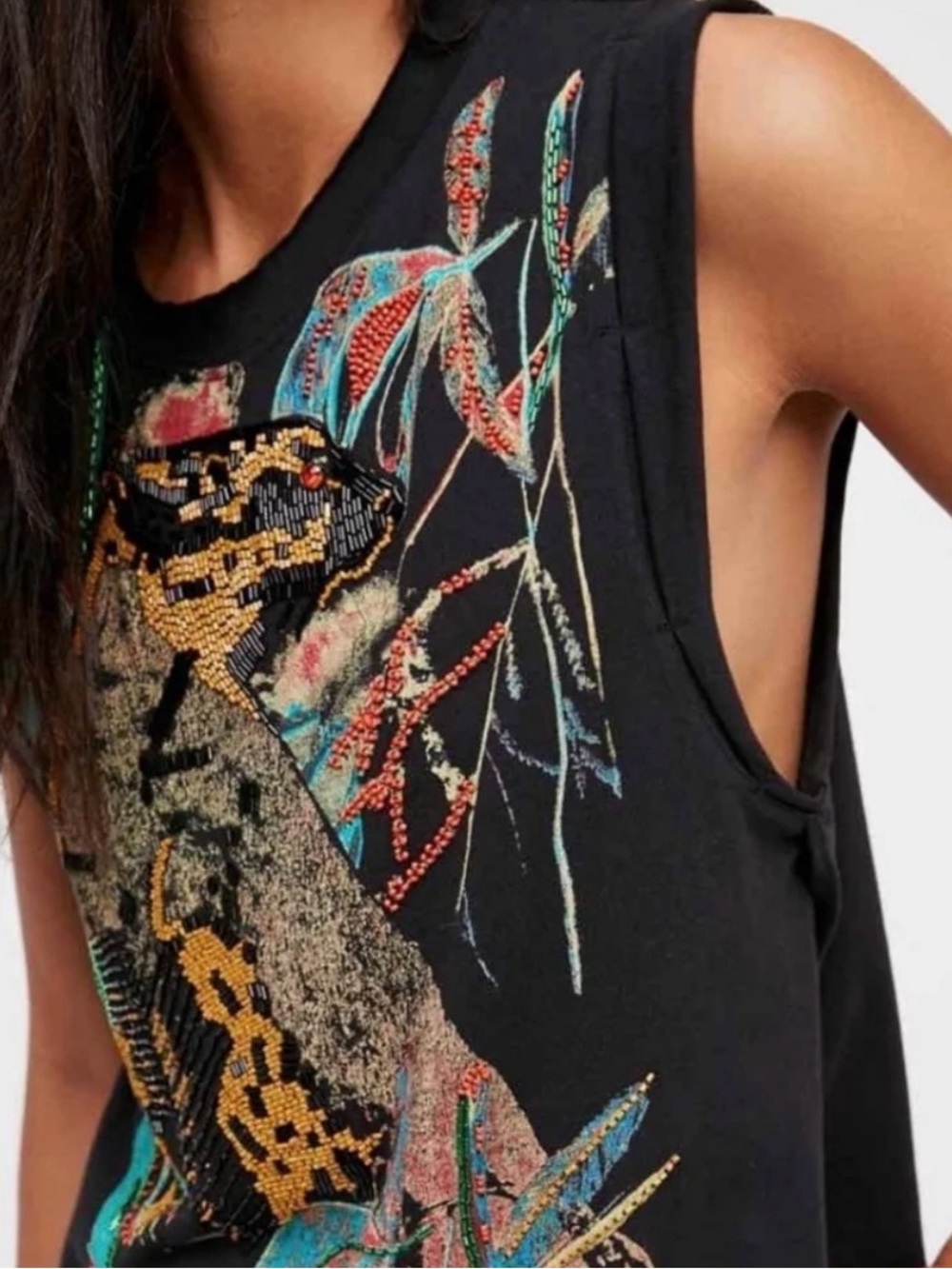 Free People Jungle Bay Jaguar Beaded Tunic Top Black